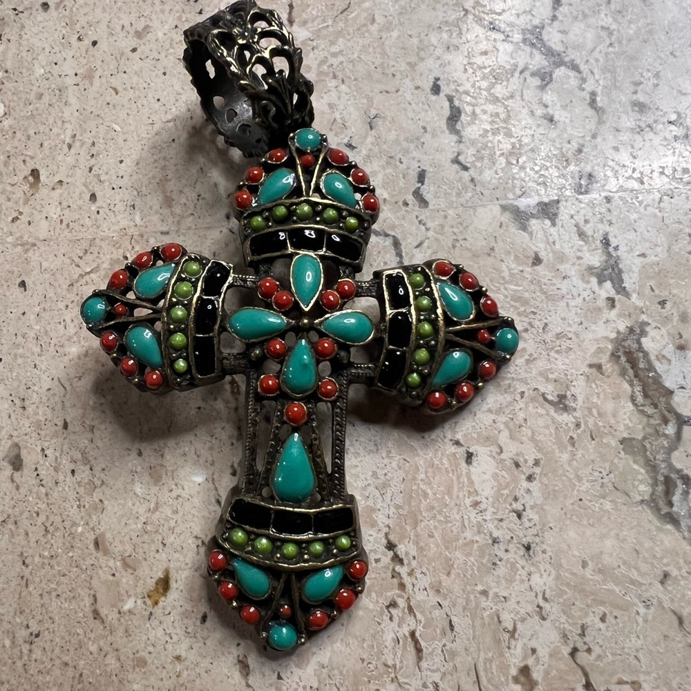Sweet Romance Mayan Cross Pendant Vintage-Brass-Ornate-Beautiful